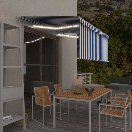 kék/fehér LED-es kézzel kihúzható napellenző redőnnyel 3x2,5 m
