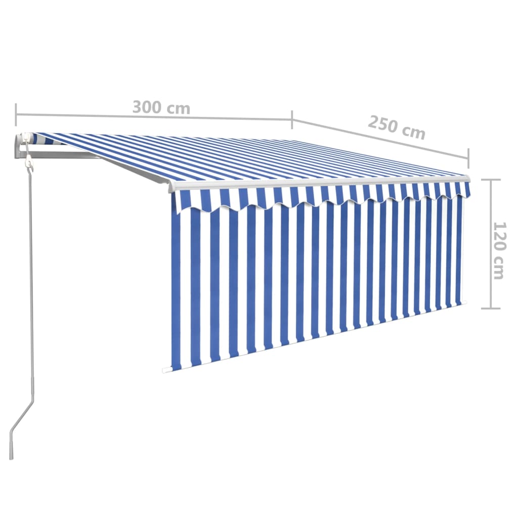 kék/fehér szélérzékelős, LED-es napellenző redőnnyel 3x2,5 m