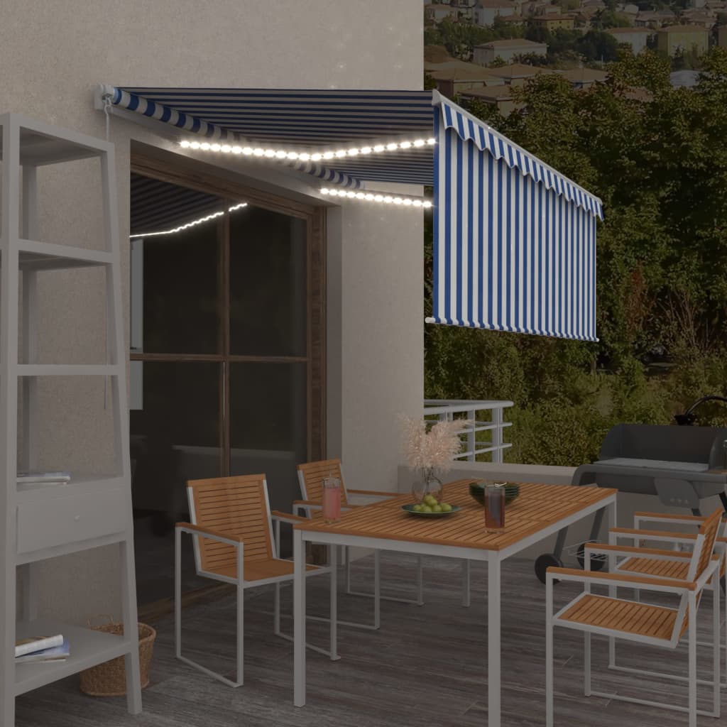 kék és fehér kihúzható LED-es napellenző redőnnyel 3,5 x 2,5 m