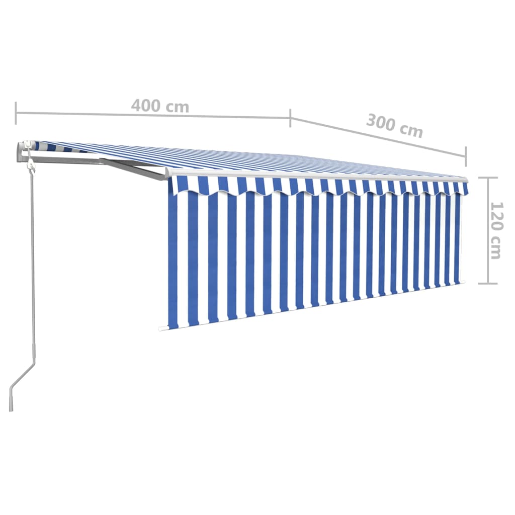 kék és fehér redőnyös, szélérzékelős, LED-es napellenző 4x3 m