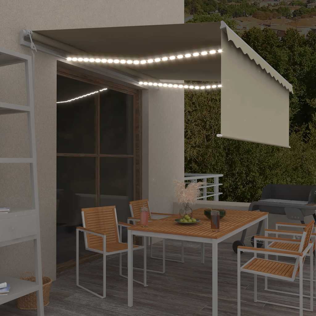 krémszínű szélérzékelős, LED-es napellenző redőnnyel 4x3 m