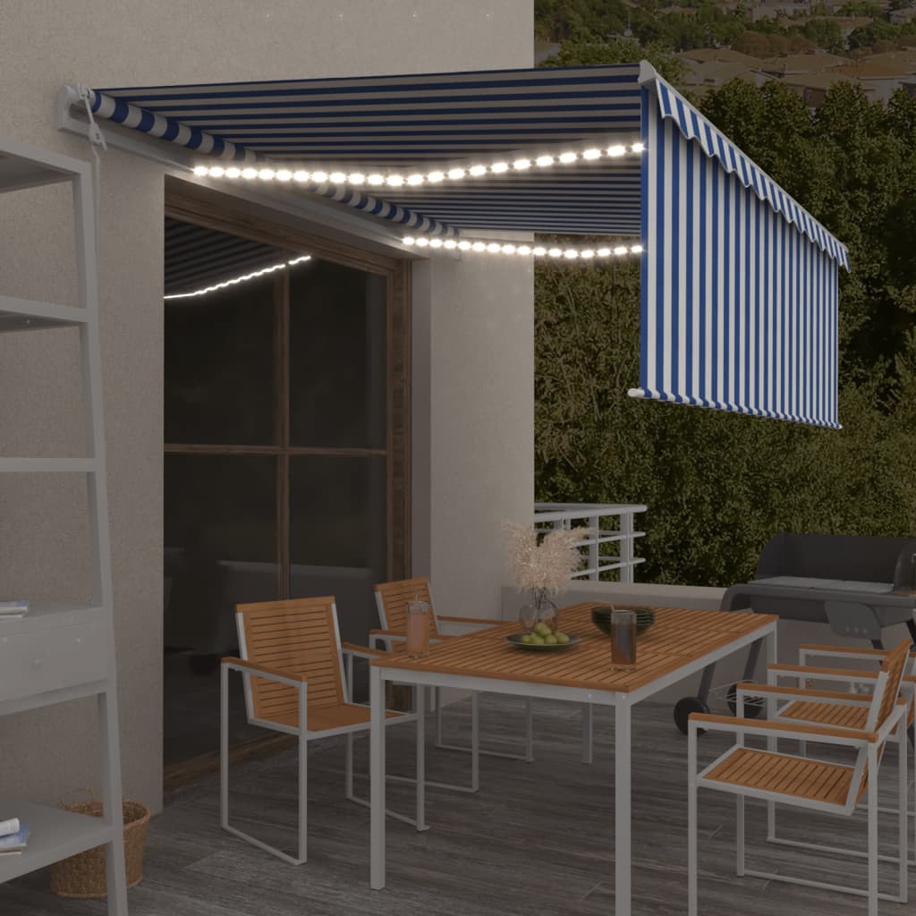 kék és fehér redőnyös, szélérzékelős, LED-es napellenző 4,5x3 m