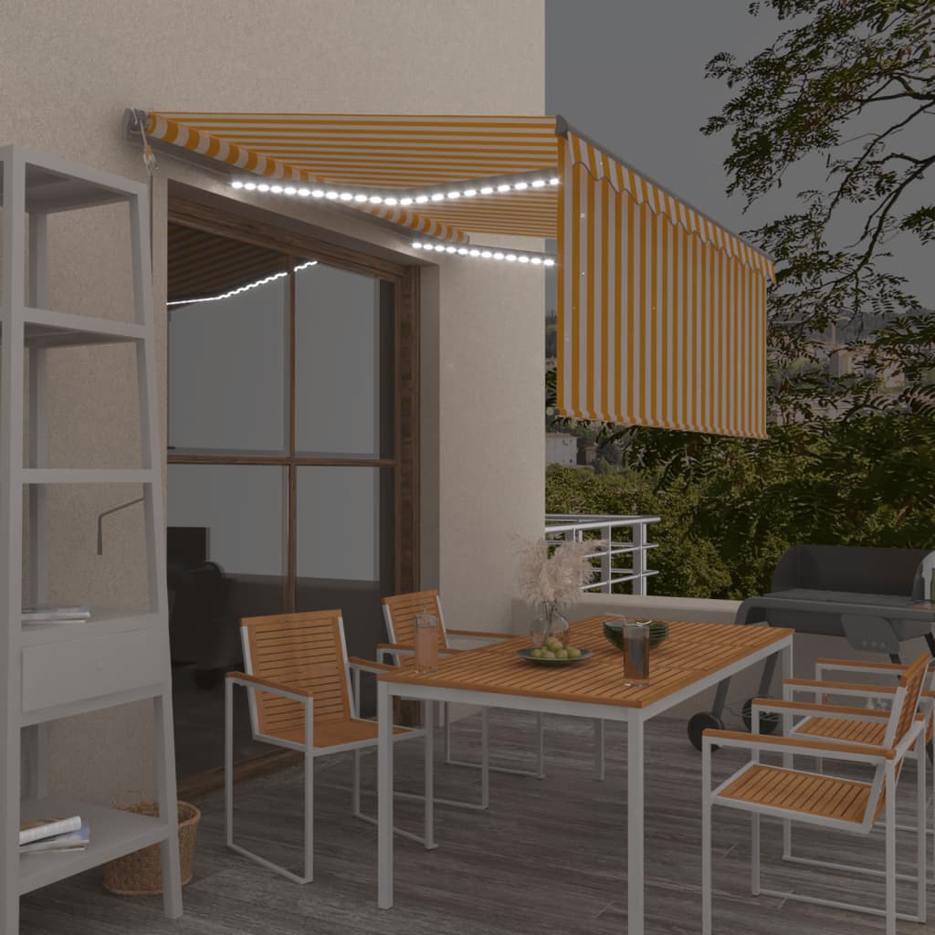 sárga-fehér szélérzékelős, LED-es napellenző redőnnyel 3x2,5 m