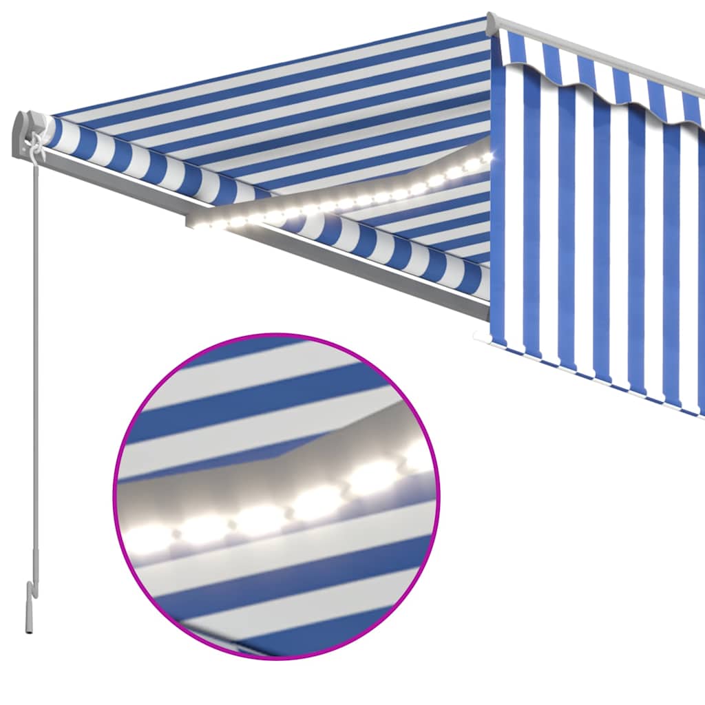 kék és fehér redőnyös, szélérzékelős, LED-es napellenző 4x3 m