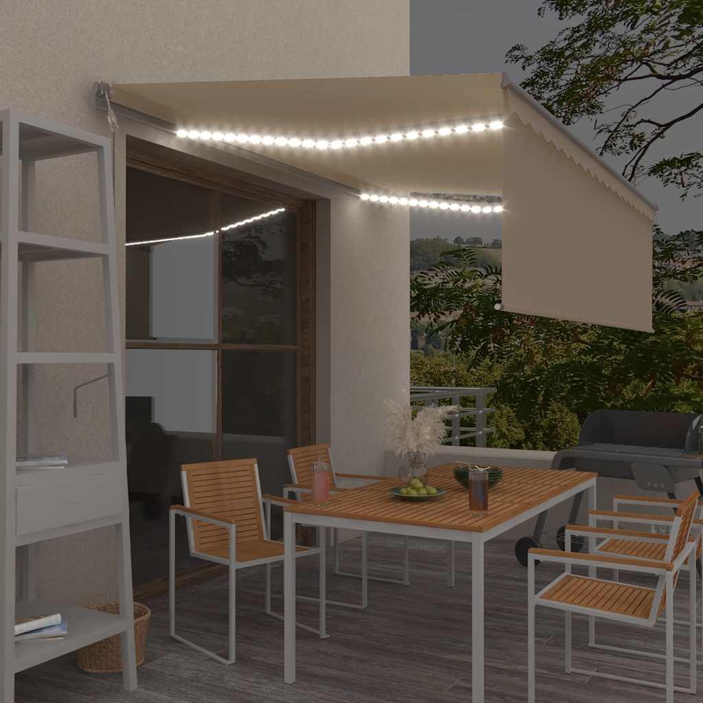 krémszínű szélérzékelős, LED-es napellenző redőnnyel 4x3 m