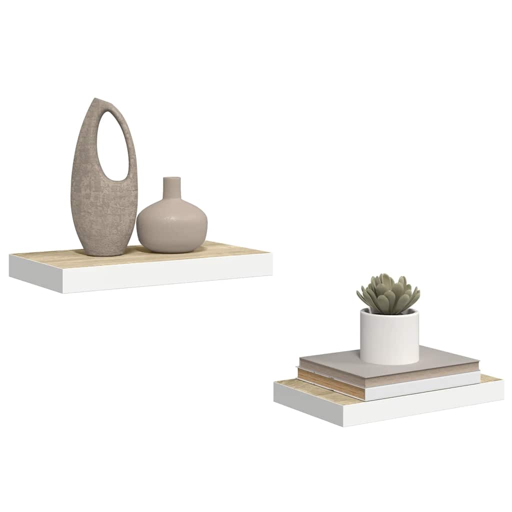 2 db tölgyszínű és fehér MDF lebegő fali polc 50 x 23,5 x 3,8 cm