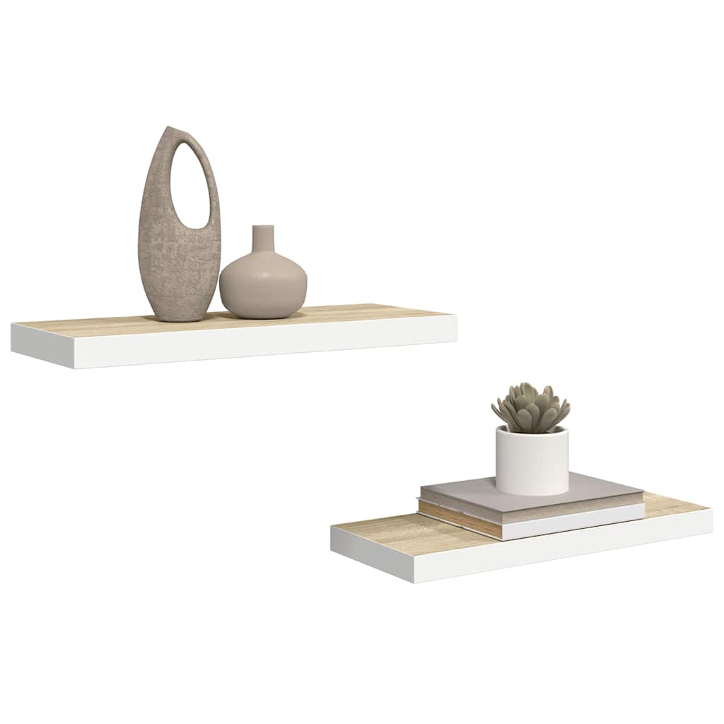 2 db tölgyszínű és fehér MDF lebegő fali polc 60x23,5x3,8 cm