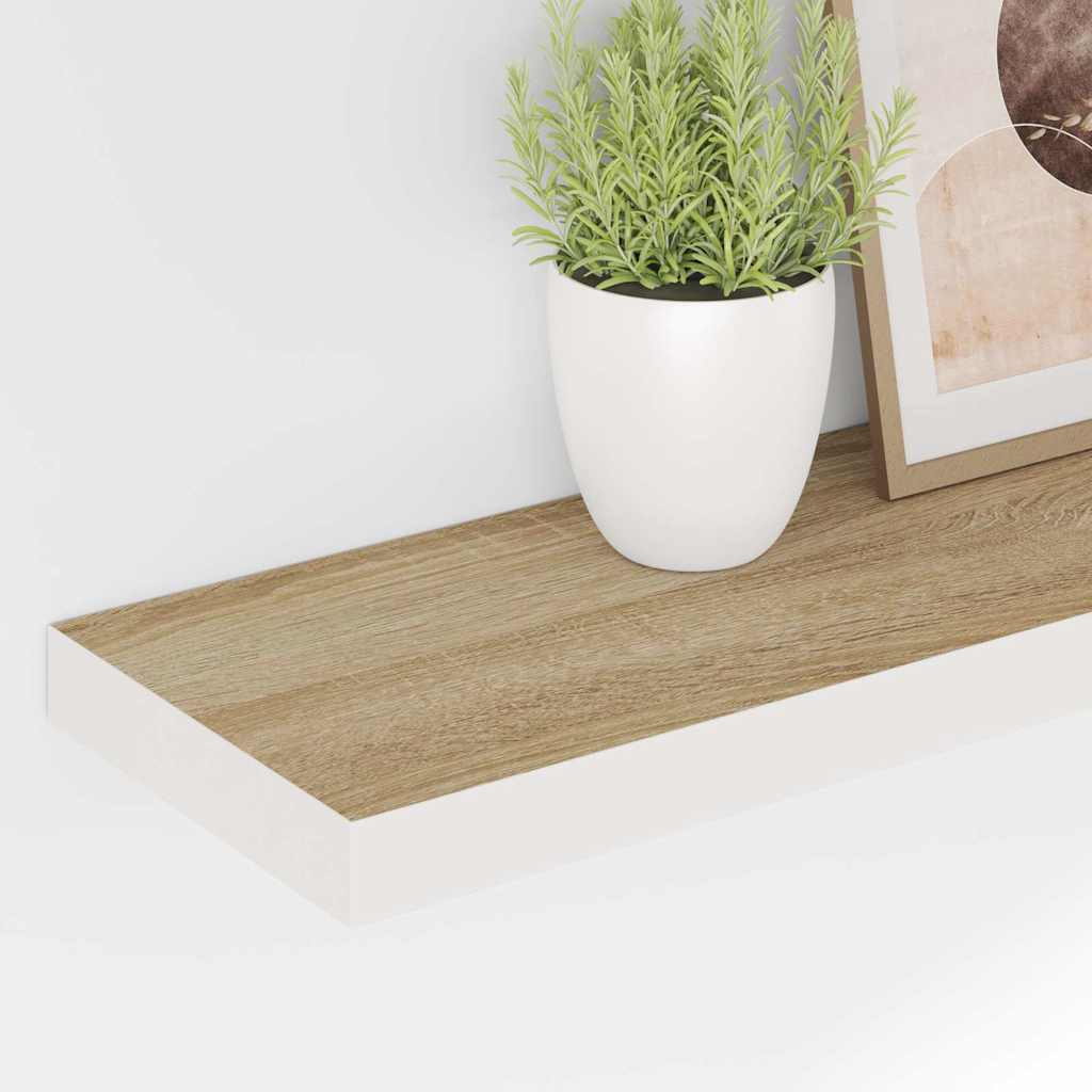 2 db tölgyszínű és fehér MDF lebegő fali polc 80x23,5x3,8 cm