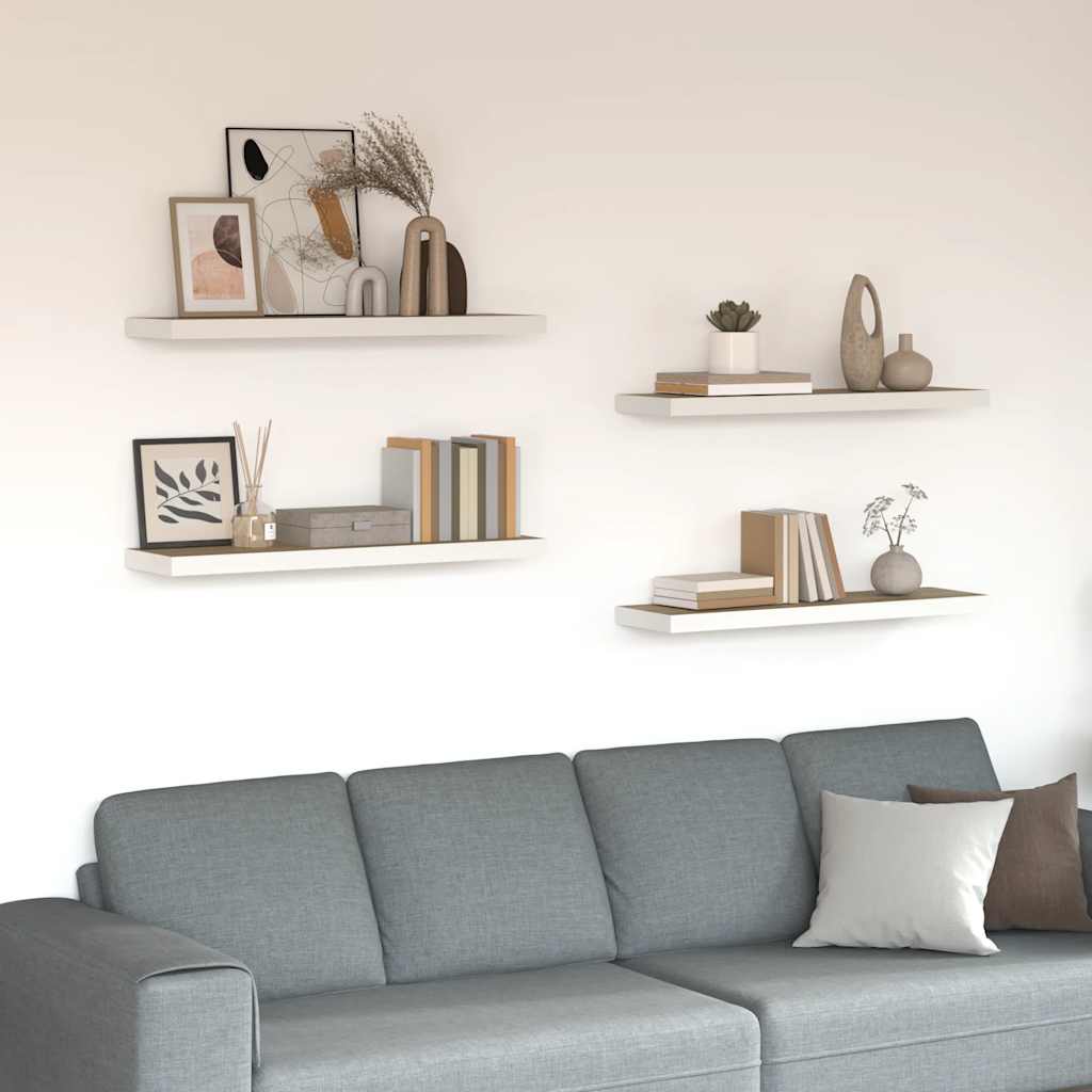 4 db tölgyszínű és fehér MDF lebegő fali polc 80x23,5x3,8 cm