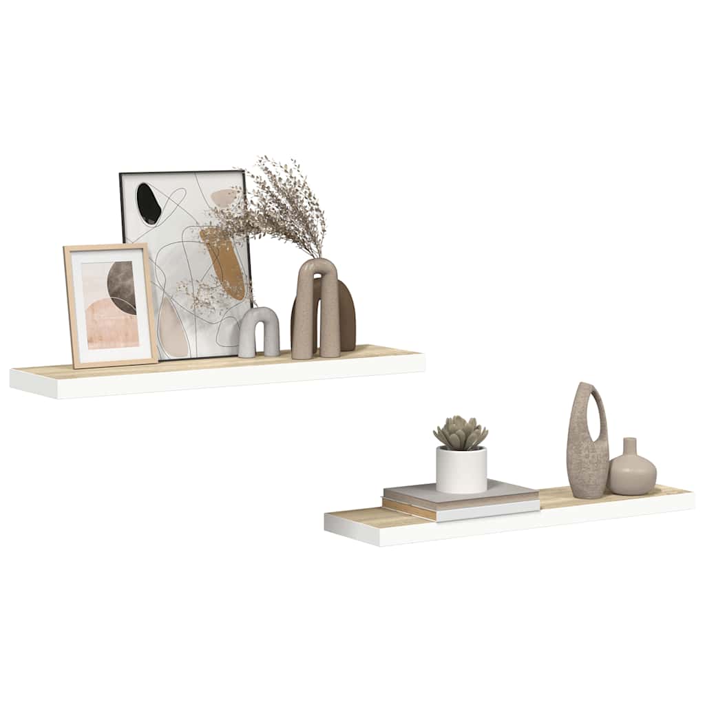 2 db fehér-tölgyszínű MDF lebegő fali polc 90 x 23,5 x 3,8 cm