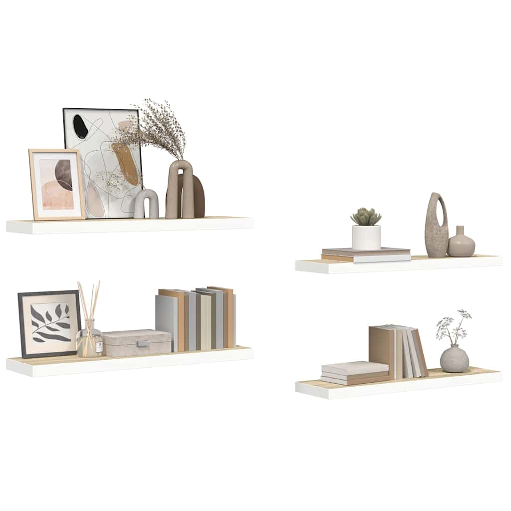 4 db fehér-tölgyszínű MDF lebegő fali polc 90 x 23,5 x 3,8 cm