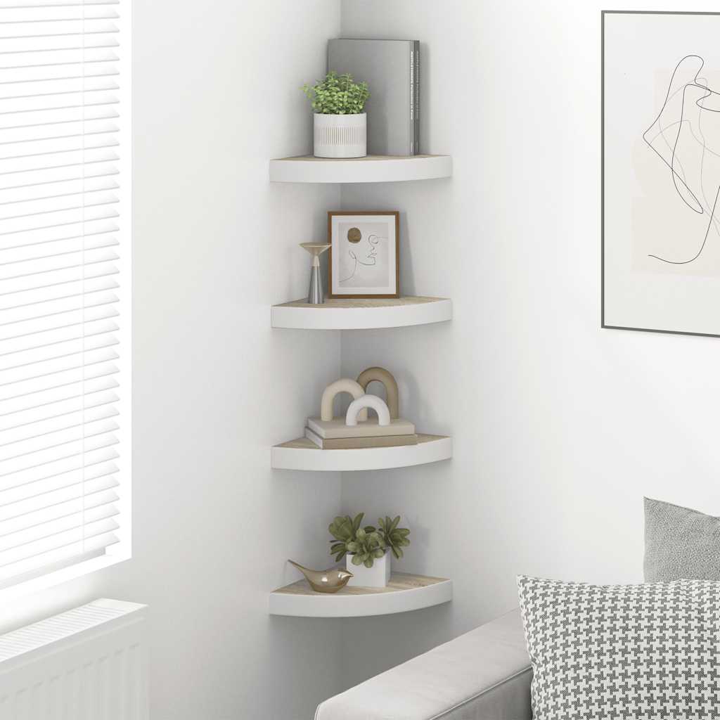 4 db tölgyszínű és fehér MDF fali sarokpolc 25 x 25 x 3,8 cm