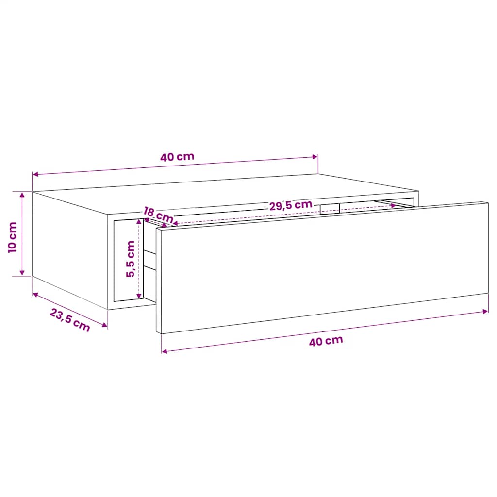 fehér MDF falra szerelhető fiókos polc 40 x 23,5 x 10 cm