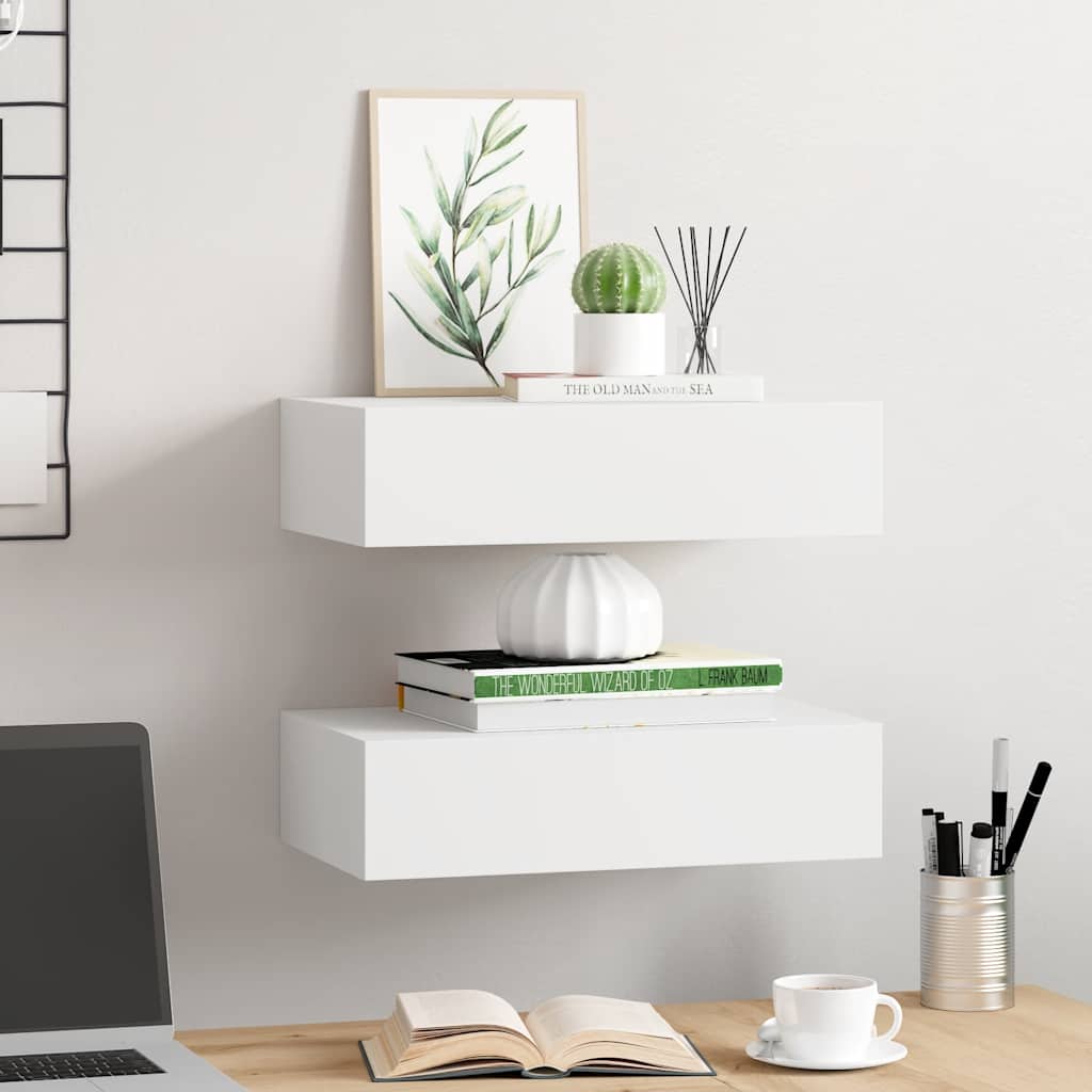 2 db fehér MDF falra szerelhető fiókos polc 40 x 23,5 x 10 cm