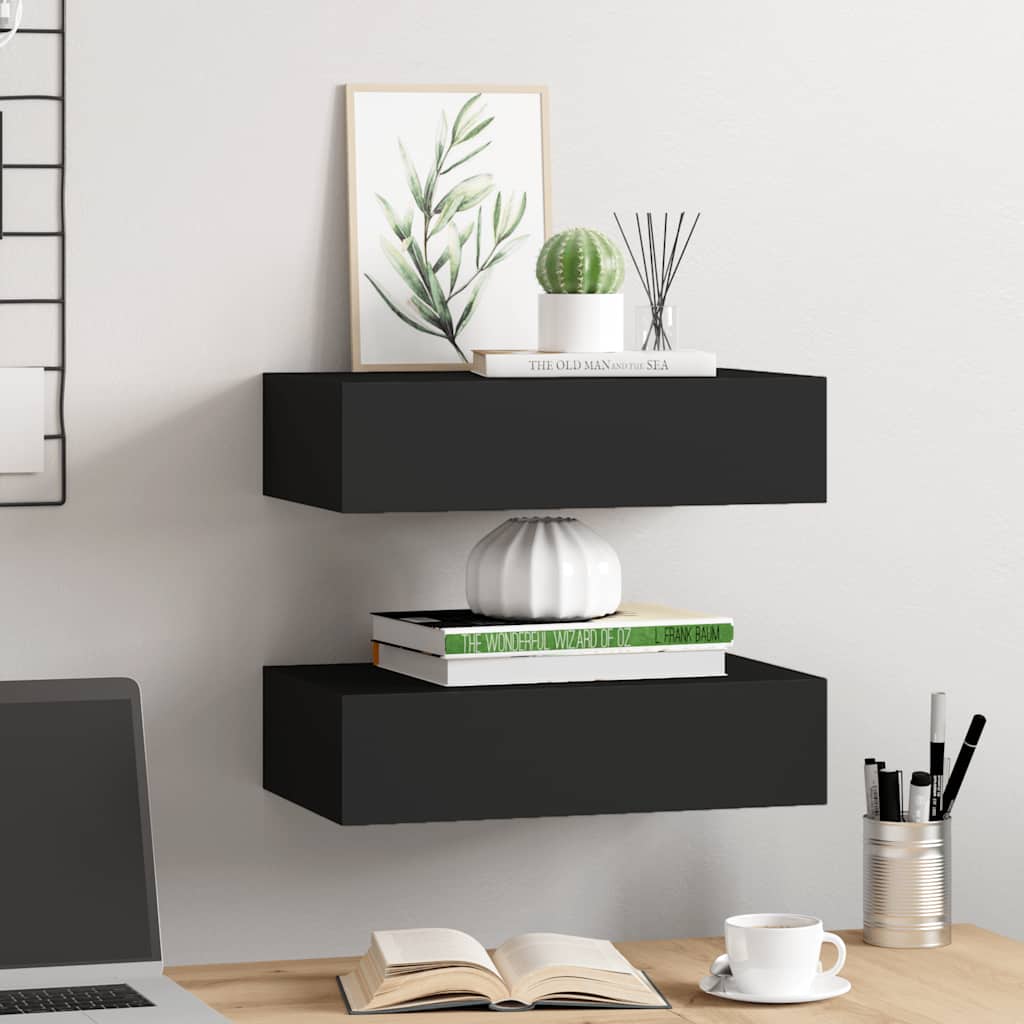 2 db fekete MDF falra szerelhető fiókos polc 40 x 23,5 x 10 cm