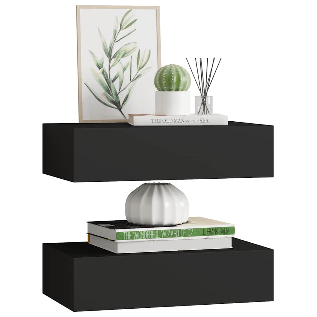 2 db fekete MDF falra szerelhető fiókos polc 40 x 23,5 x 10 cm