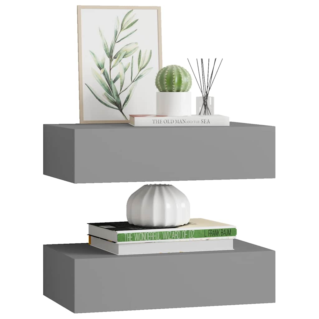 2 db szürke MDF falra szerelhető fiókos polc 40 x 23,5 x 10 cm