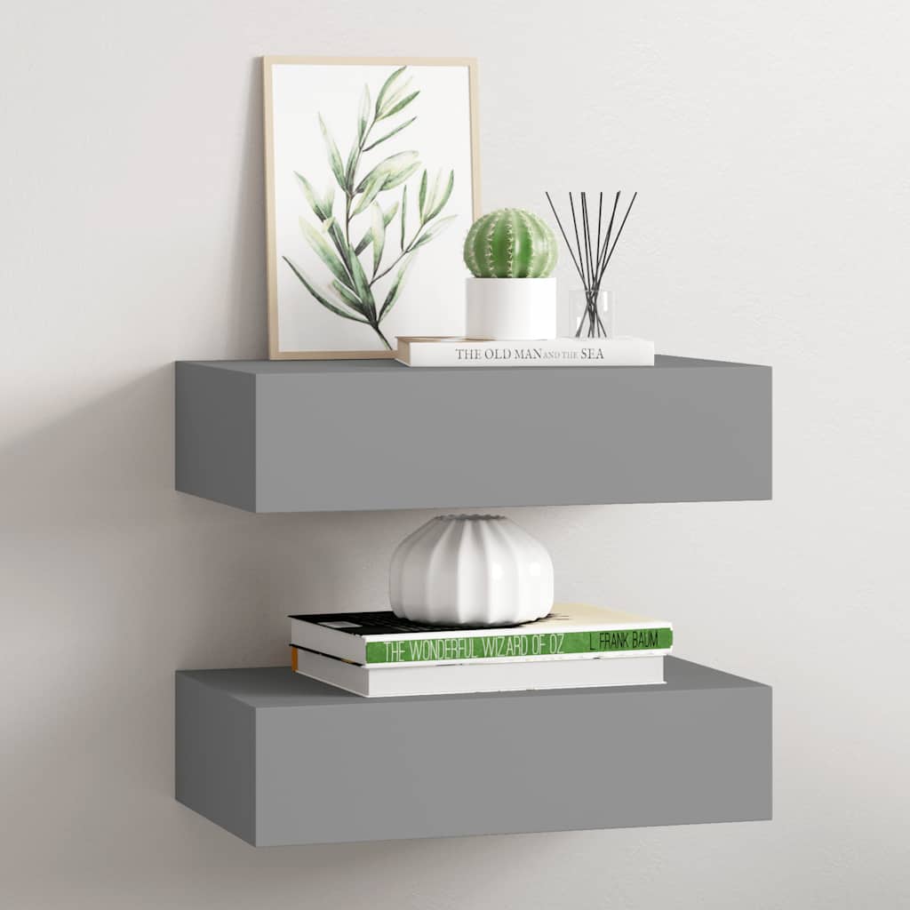 2 db szürke MDF falra szerelhető fiókos polc 40 x 23,5 x 10 cm