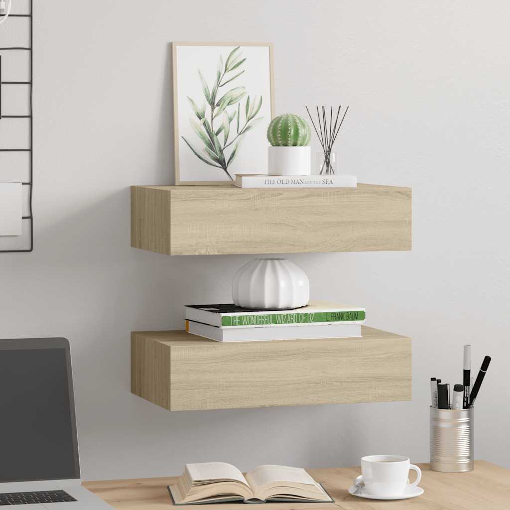 2 db tölgyszínű MDF falra szerelhető fiókos polc 40x23,5x10 cm