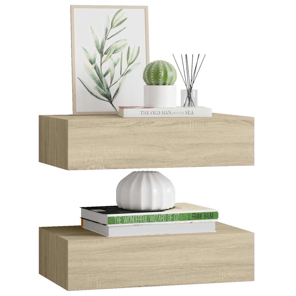 2 db tölgyszínű MDF falra szerelhető fiókos polc 40x23,5x10 cm