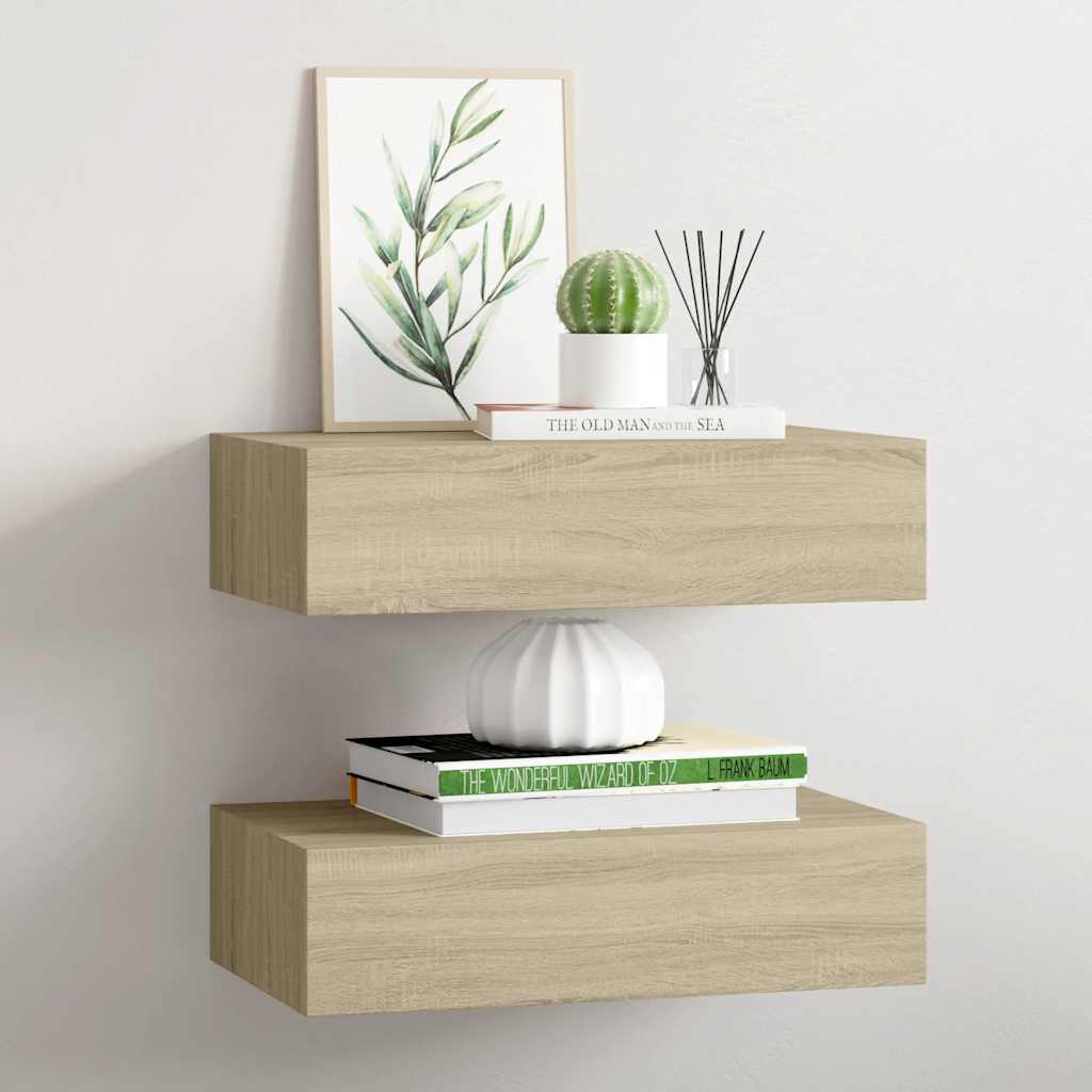 2 db tölgyszínű MDF falra szerelhető fiókos polc 40x23,5x10 cm