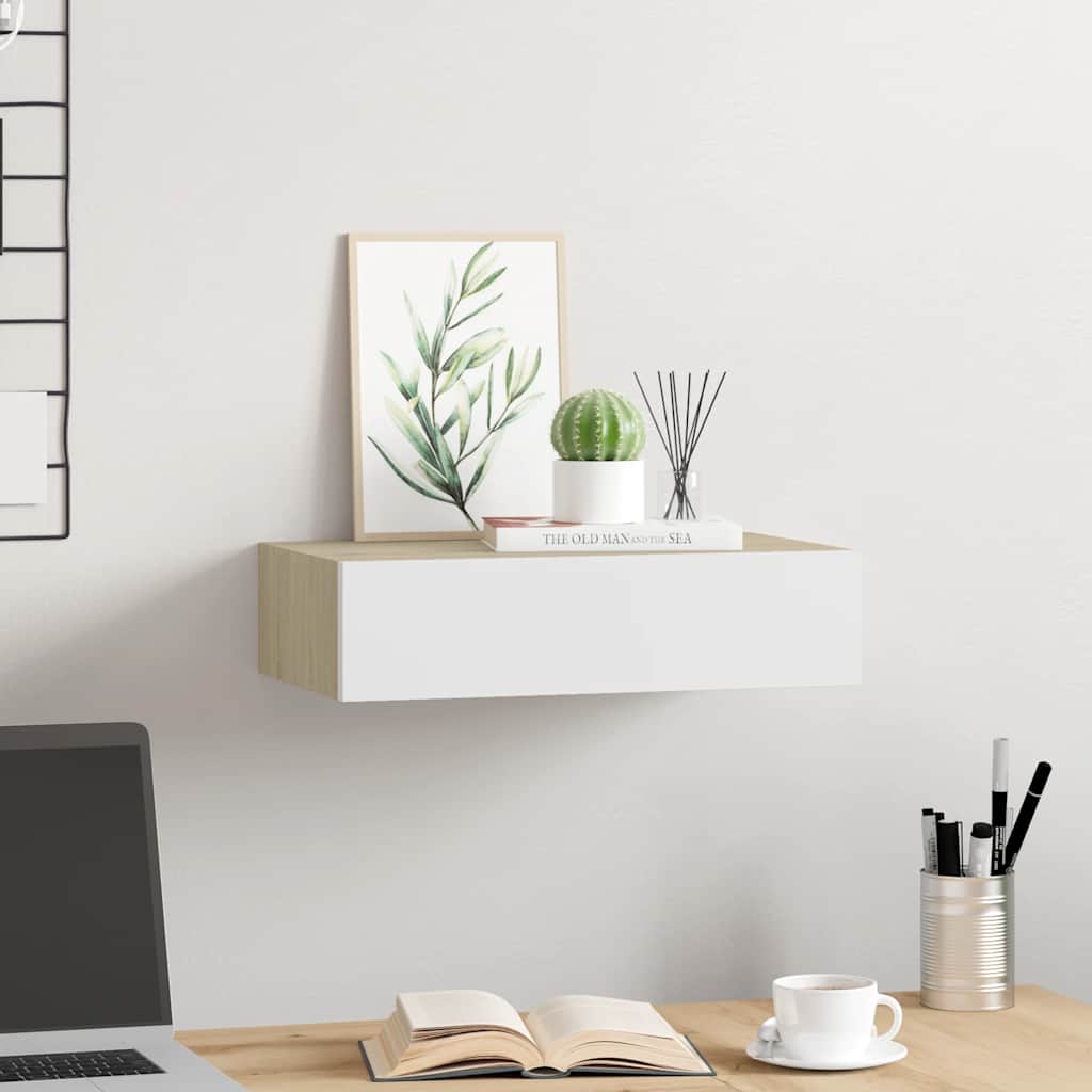 falra szerelhető fiókos polc tölgyfa és fehér színben 40 x 23,5 x 10 cm MDF