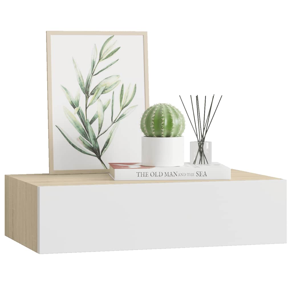 falra szerelhető fiókos polc tölgyfa és fehér színben 40 x 23,5 x 10 cm MDF