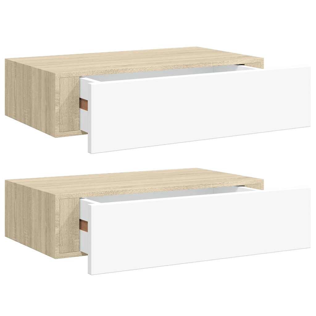 2 db tölgyszínű és fehér MDF fiókos fali polc 40 x 23,5 x 10 cm