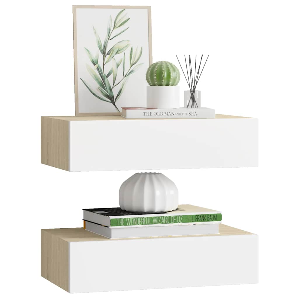 2 db tölgyszínű és fehér MDF fiókos fali polc 40 x 23,5 x 10 cm