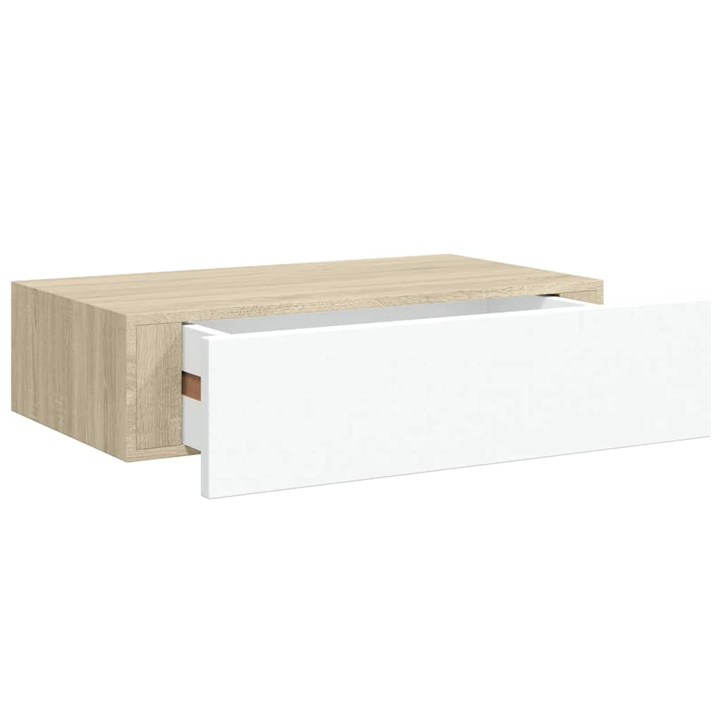 2 db tölgyszínű és fehér MDF fiókos fali polc 40 x 23,5 x 10 cm