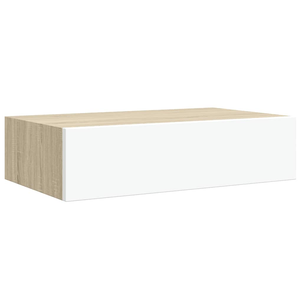 2 db tölgyszínű és fehér MDF fiókos fali polc 40 x 23,5 x 10 cm