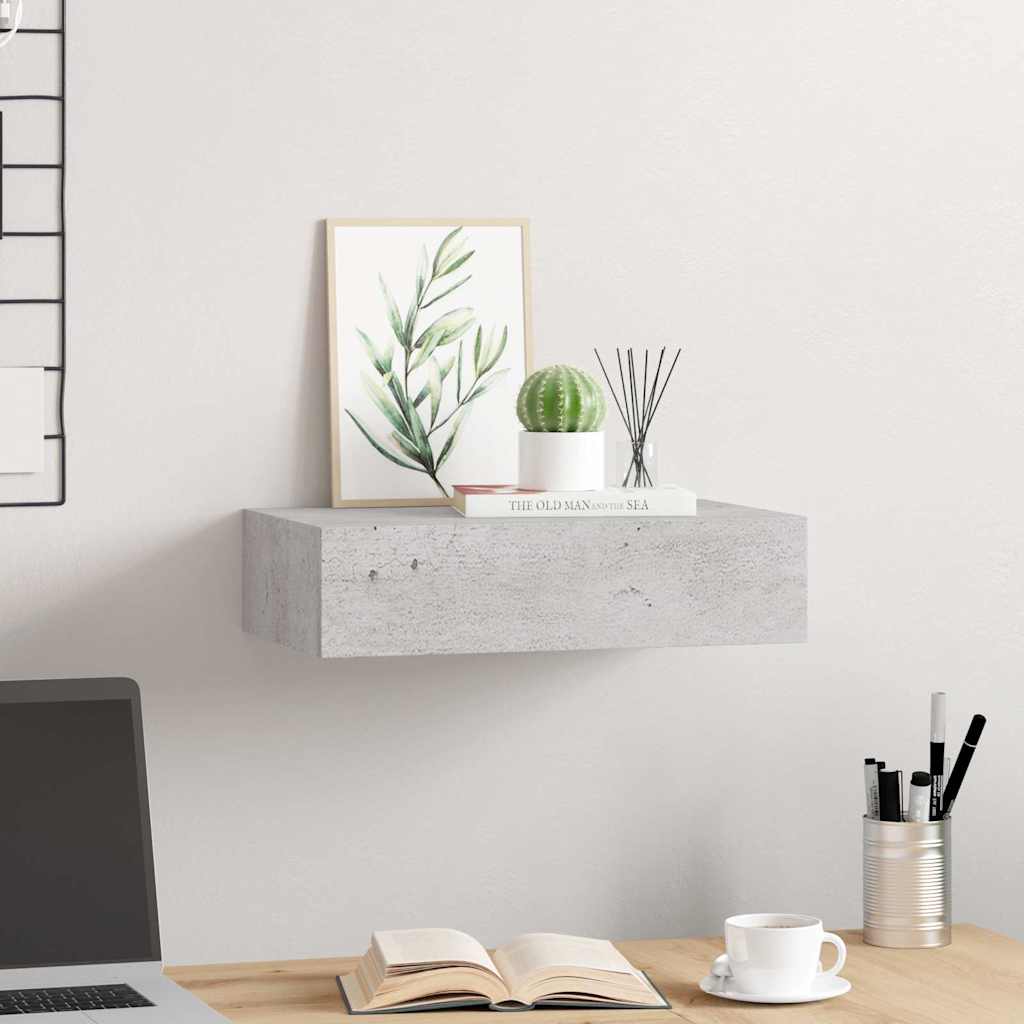 betonszürke MDF falra szerelhető fiókos polc 40 x 23,5 x 10 cm