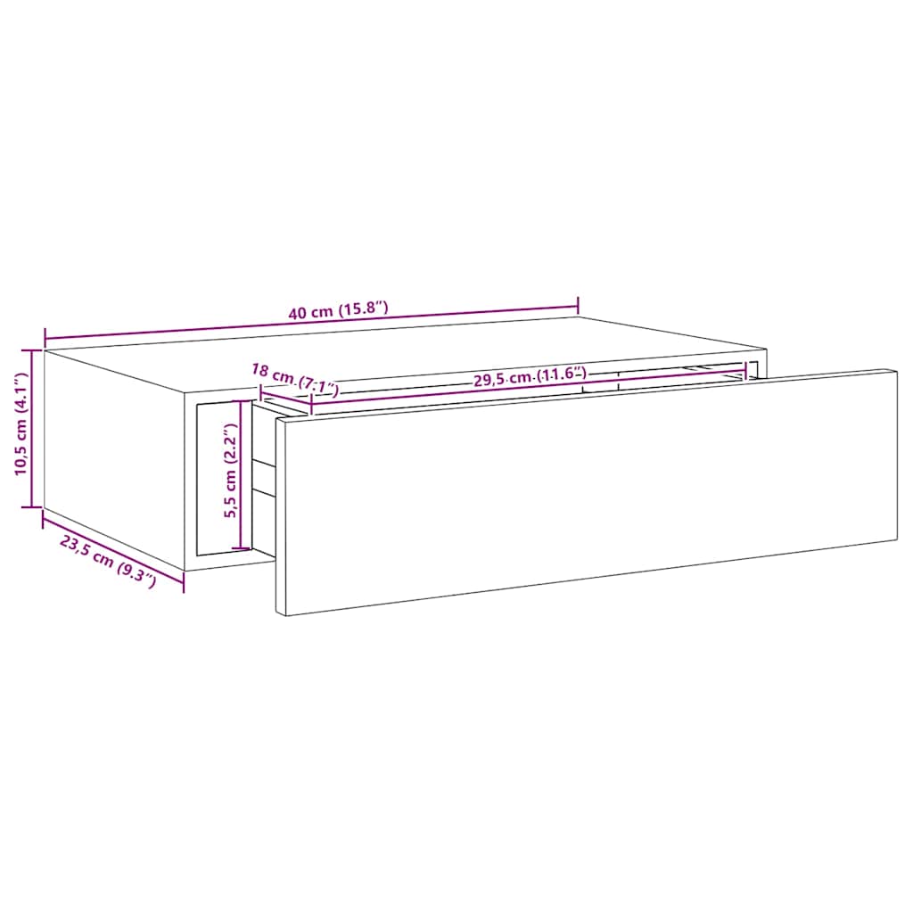 betonszürke MDF falra szerelhető fiókos polc 40 x 23,5 x 10 cm