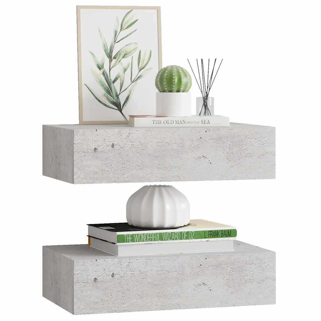 2 db betonszürke MDF falra szerelhető fiókos polc 40x23,5x10 cm