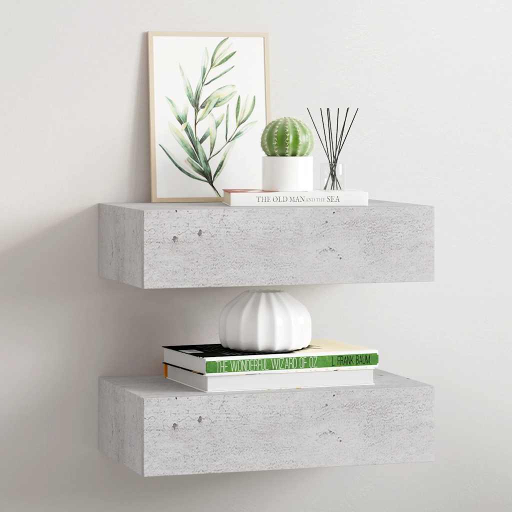 2 db betonszürke MDF falra szerelhető fiókos polc 40x23,5x10 cm
