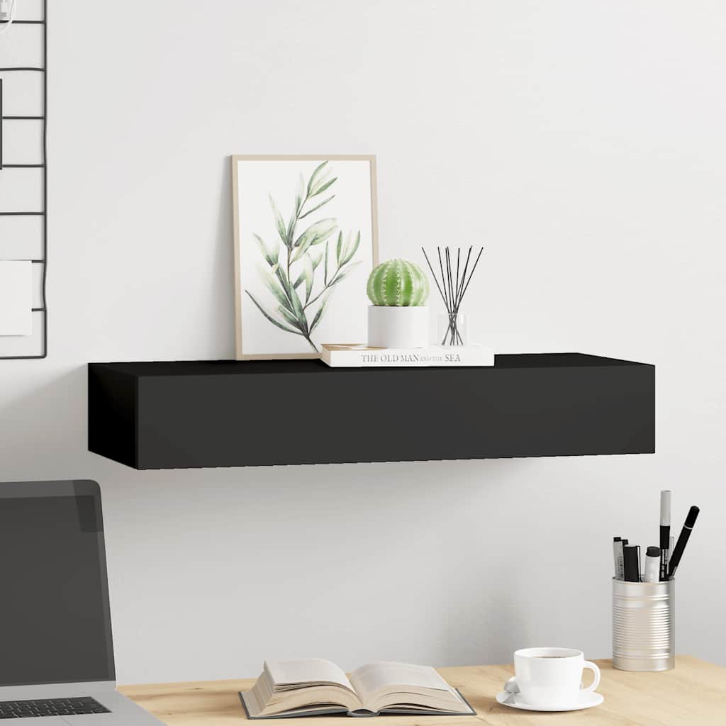 fekete MDF falra szerelhető fiókos polc 60 x 23,5 x 10 cm