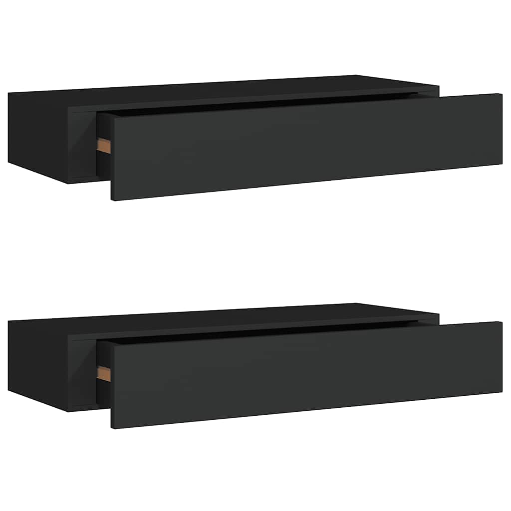 2 db fekete MDF falra szerelhető fiókos polc 60 x 23,5 x 10 cm