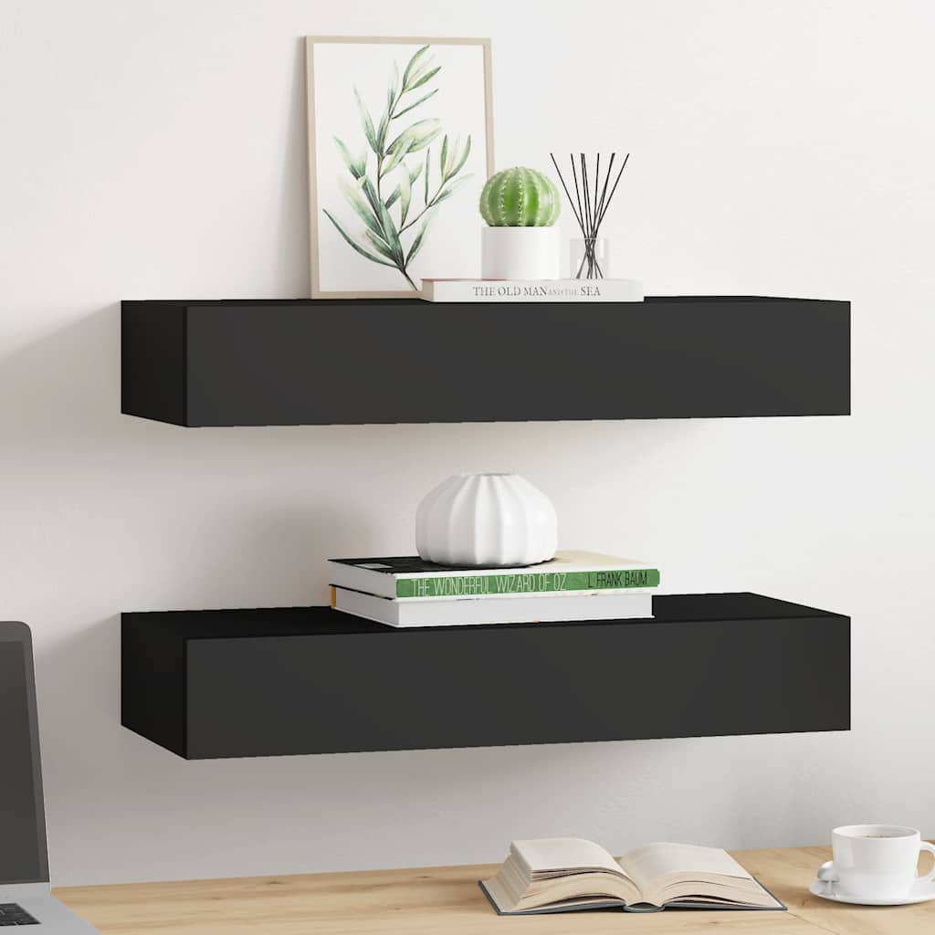2 db fekete MDF falra szerelhető fiókos polc 60 x 23,5 x 10 cm