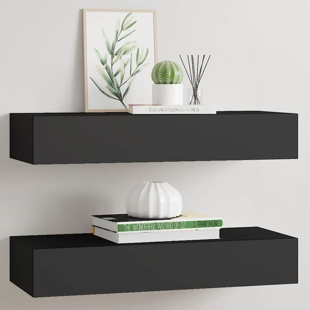 2 db fekete MDF falra szerelhető fiókos polc 60 x 23,5 x 10 cm