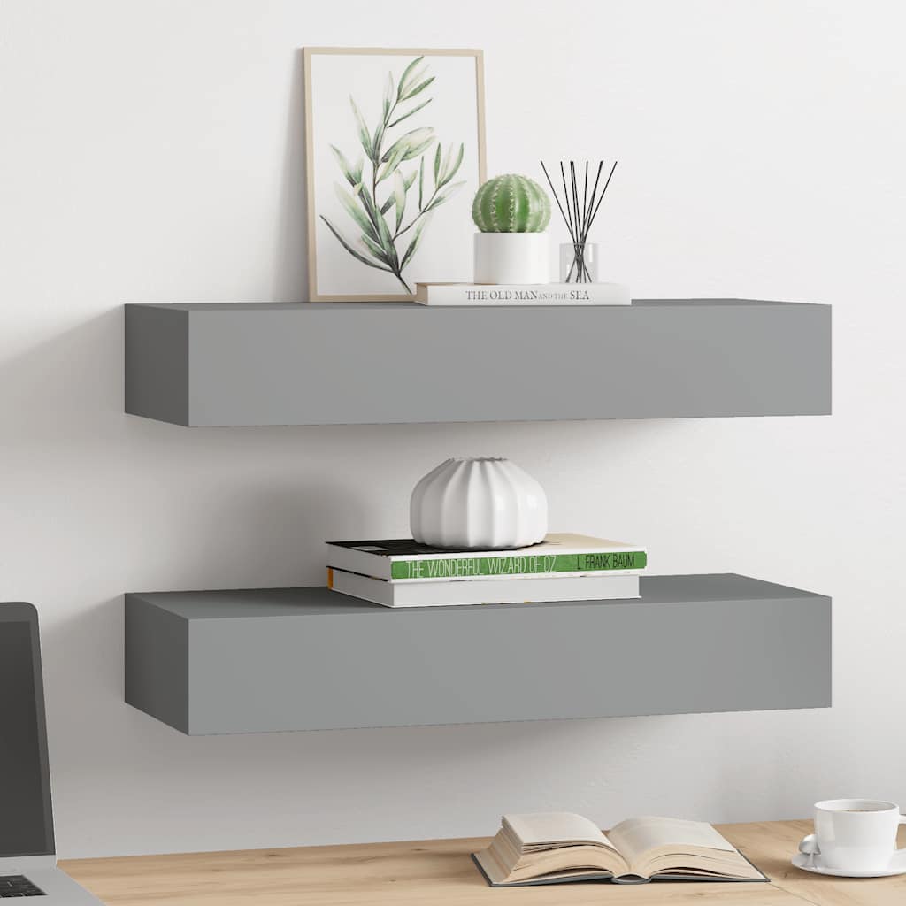2 db szürke MDF falra szerelhető fiókos polc 60 x 23,5 x 10 cm