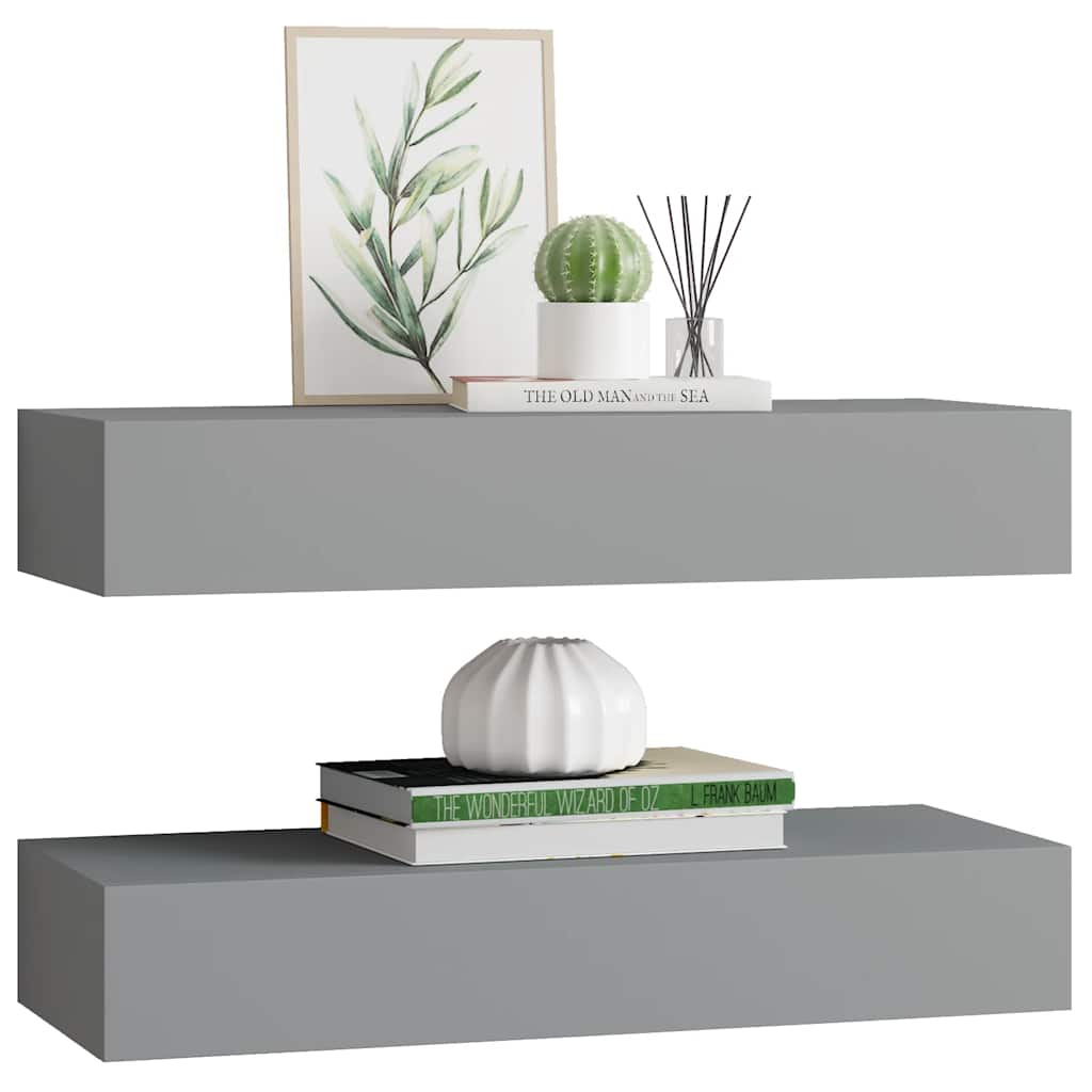 2 db szürke MDF falra szerelhető fiókos polc 60 x 23,5 x 10 cm