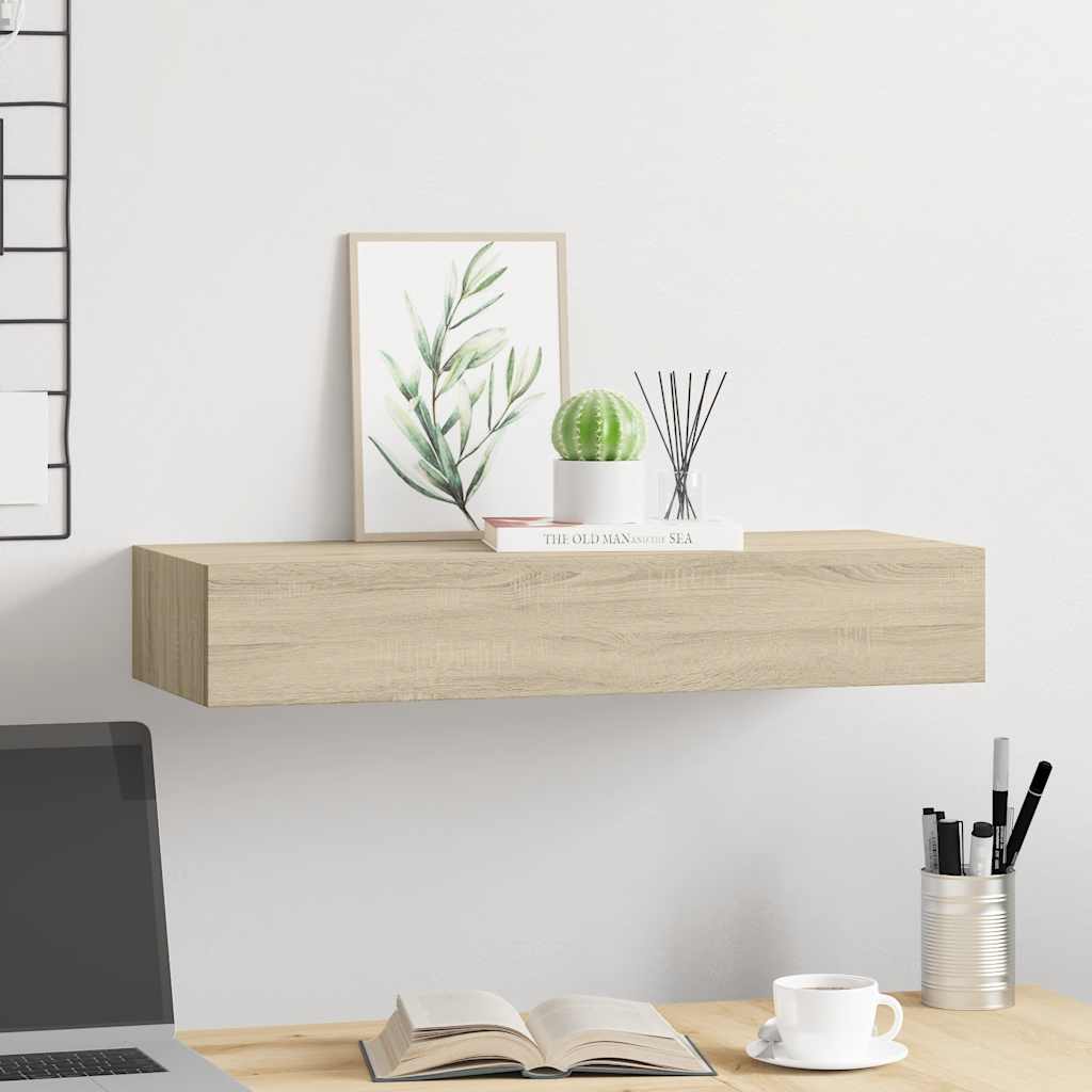 tölgyszínű MDF falra szerelhető fiókos polc 60 x 23,5 x 10 cm