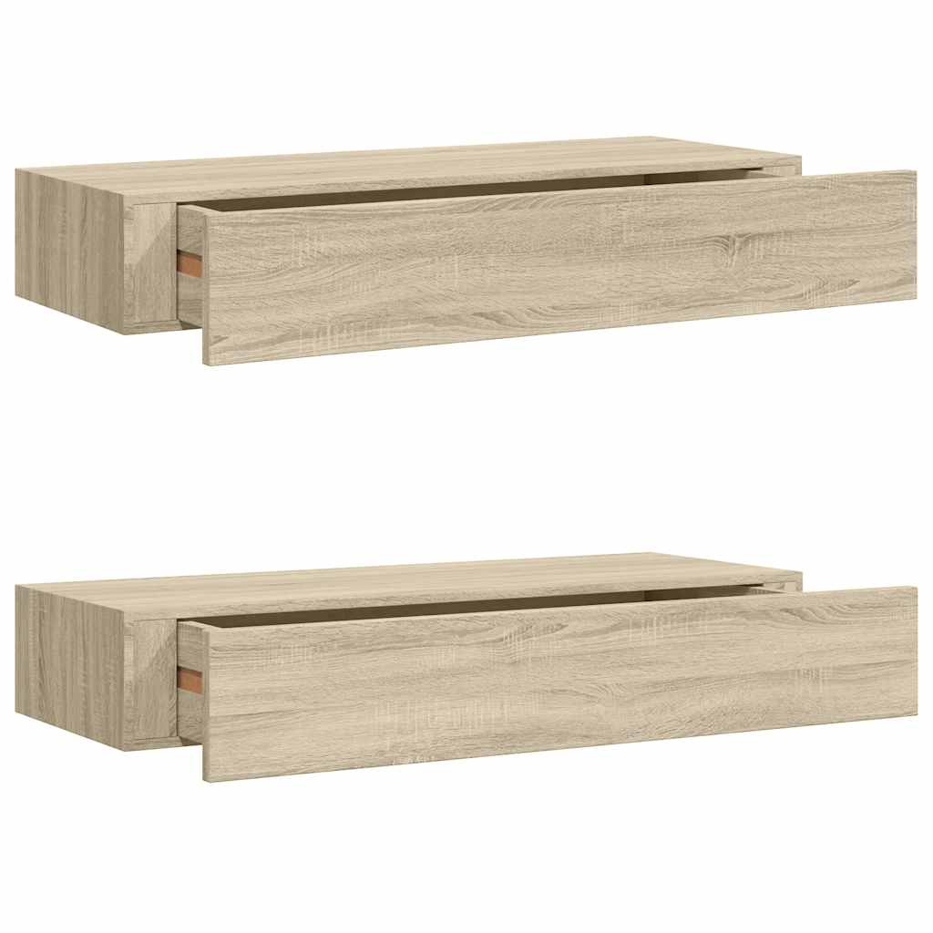 2 db tölgyszínű MDF falra szerelhető fiókos polc 60x23,5x10 cm
