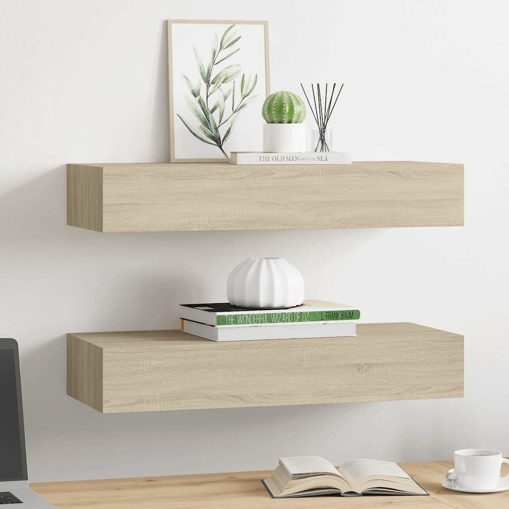 2 db tölgyszínű MDF falra szerelhető fiókos polc 60x23,5x10 cm