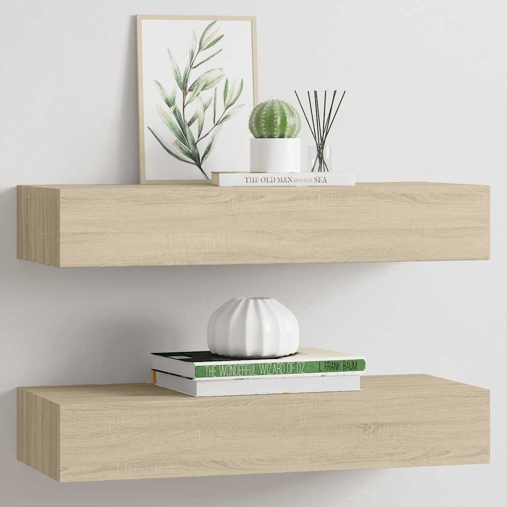 2 db tölgyszínű MDF falra szerelhető fiókos polc 60x23,5x10 cm