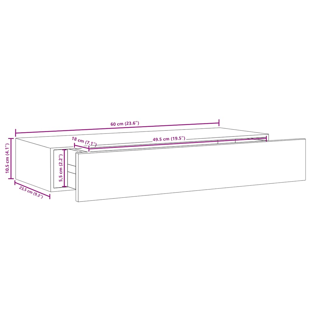 falra szerelhető fiókos polc tölgyfa és fehér színben 60 x 23,5 x 10 cm MDF