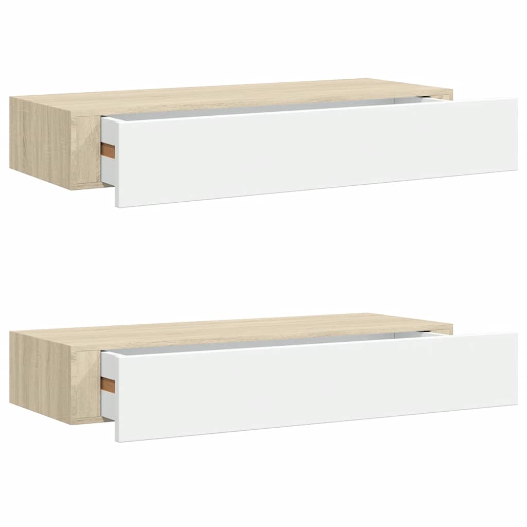 2 db tölgyfa és fehér fali fiókos polc 60 x 23,5 x 10 cm MDF
