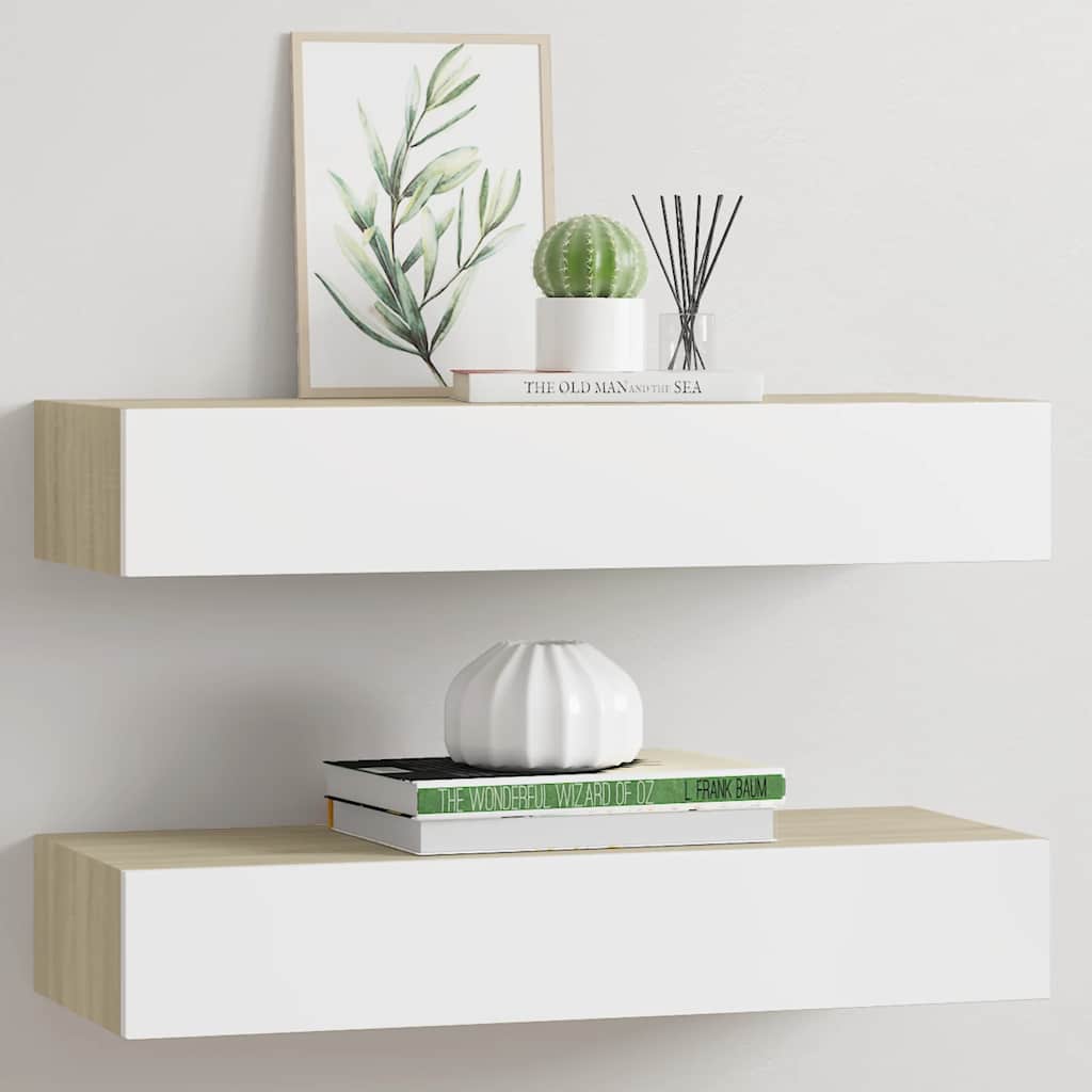 2 db tölgyfa és fehér fali fiókos polc 60 x 23,5 x 10 cm MDF