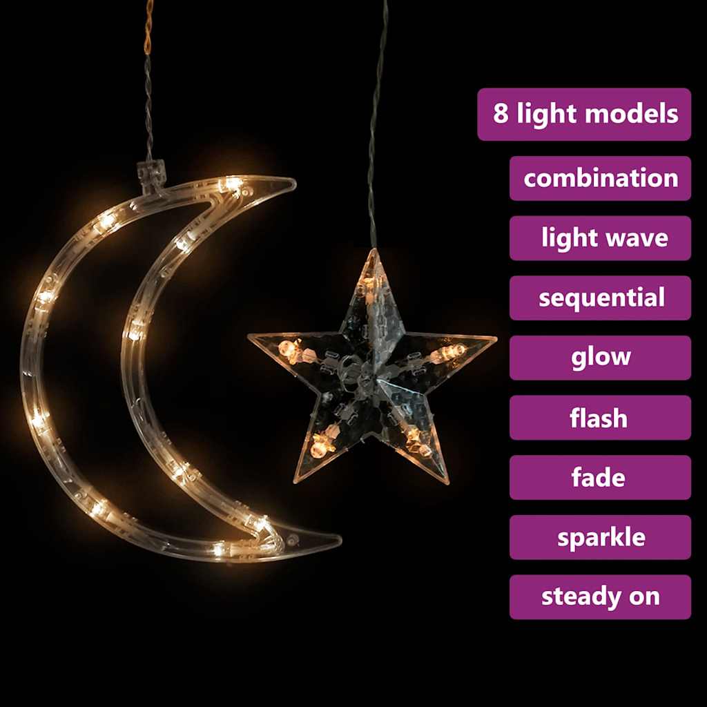 138 meleg fehér LED-es csillag és hold fényfüzér távirányítóval