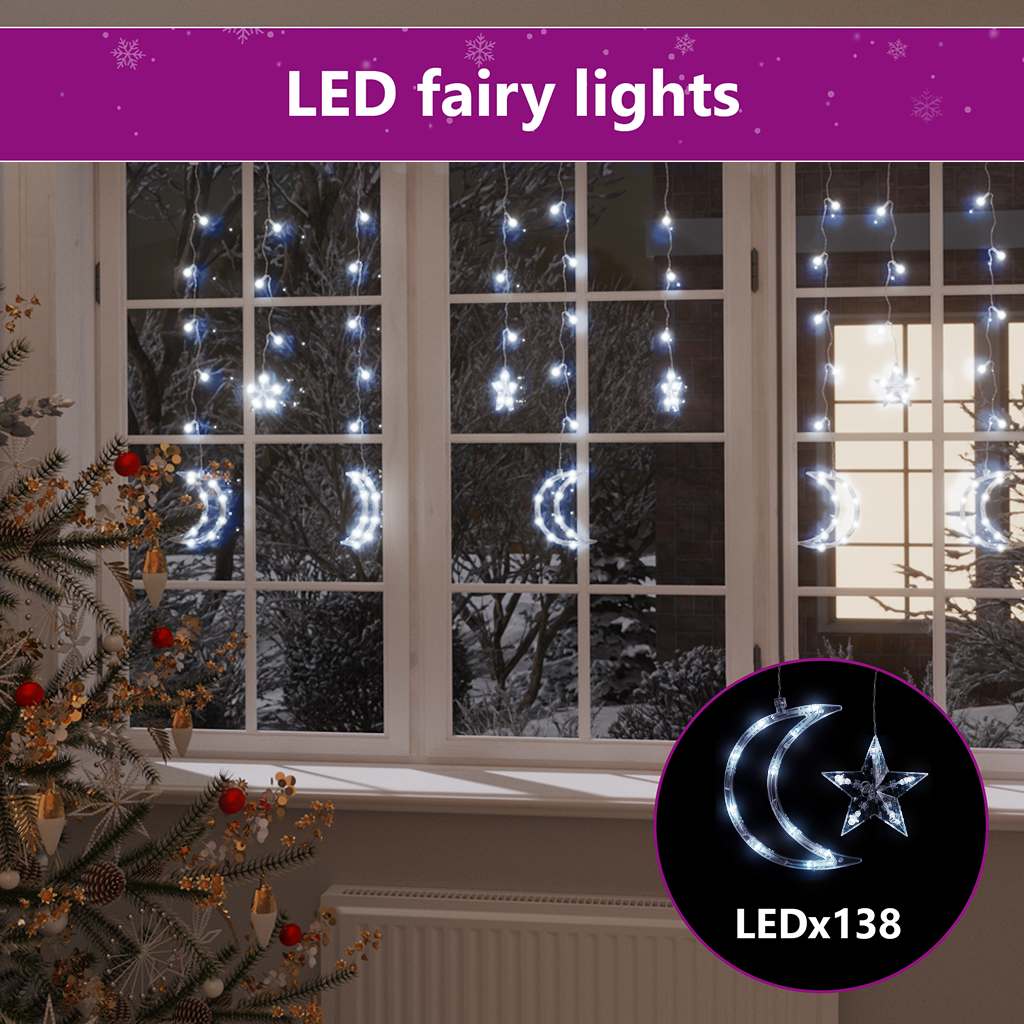 138 hideg fehér LED-es csillag és hold fényfüzér távirányítóval